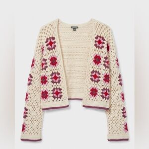 wild fable Crochet Open-Front Cardigan in Cream with Pink & Red Accents